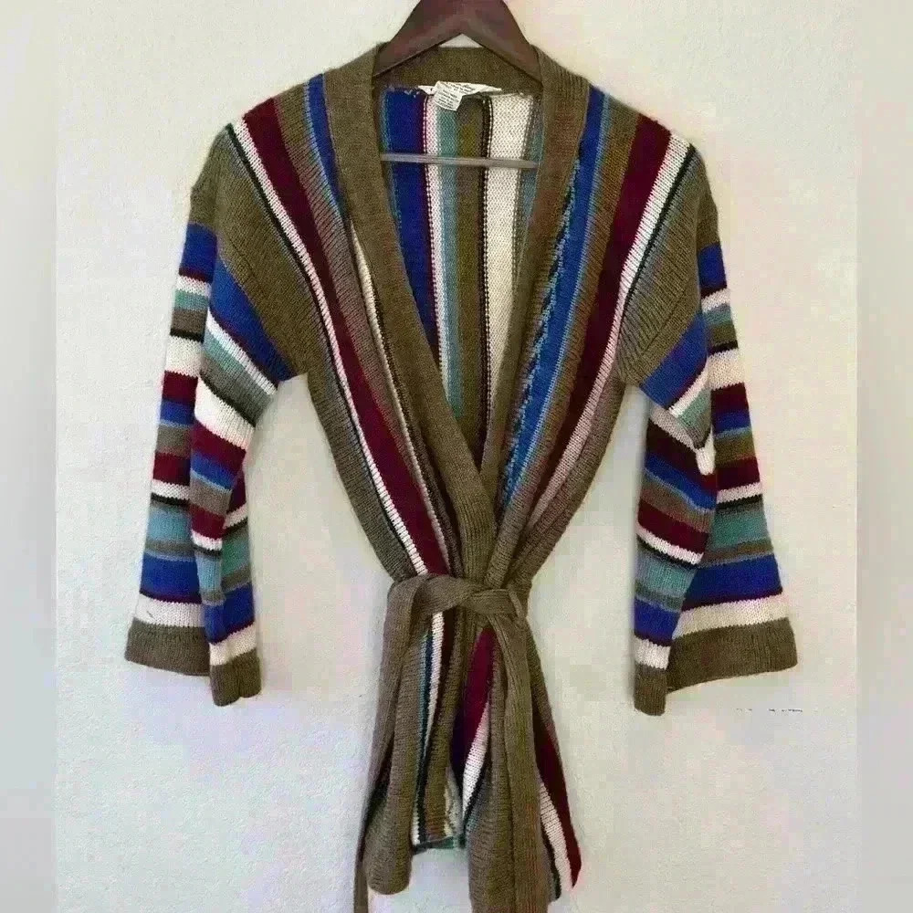 VTG KMart Women’s Sz L Brown Striped Belted Poncho Wrap Sweater Western‎ Boho